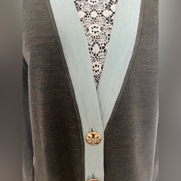 Tory Burch Size Small MERINO WOOL Green Sweater Gold Buttons - Picture 2 of 5